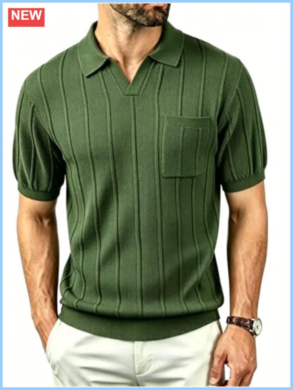 Men's V-Neck Knit Polo Shirt Short Sleeve Buttonless Textured Pullover Golf Top